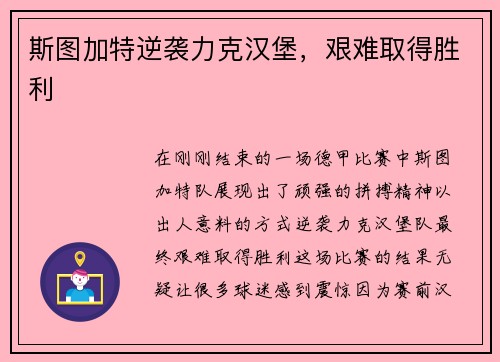 斯图加特逆袭力克汉堡，艰难取得胜利