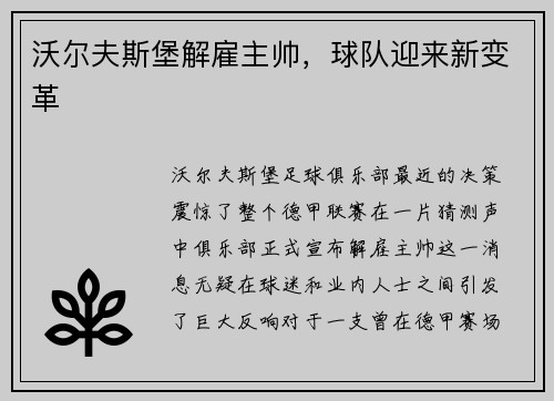 沃尔夫斯堡解雇主帅，球队迎来新变革